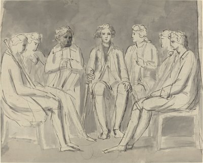 Groep mannen zittend in een cirkel [recto] door William Blake