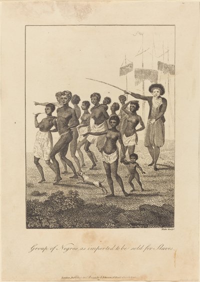 Groep zwarte mensen, geïmporteerd om als slaven te worden verkocht door William Blake