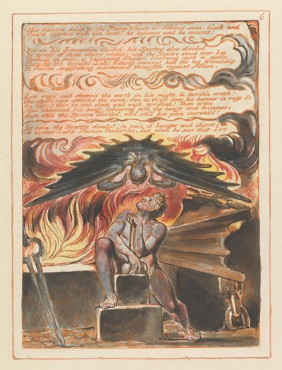 Sein Gespenst getrieben von den Sternenrädern der Söhne Albions... (Platte 6) door William Blake