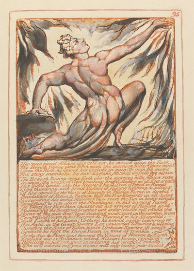 Jeruzalem, Plaat 95, Haar stem doorboorde Albions kleikoude oor.... door William Blake