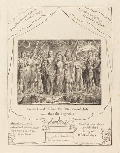 Job en zijn vrouw hersteld in welvaart door William Blake