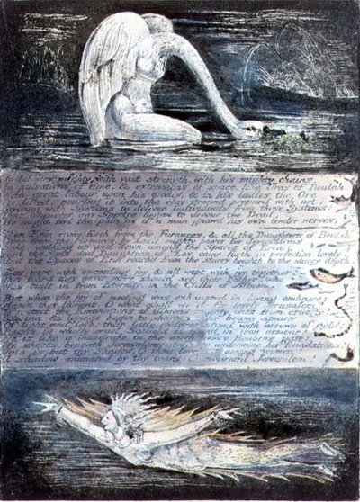 Plaat II, Jeruzalem, ca. 1804-20. De dochters van Albion vertegenwoordigd door zwaanachtige en visachtige wezens door William Blake