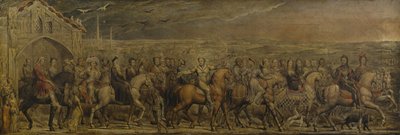 Sir Jeffrey Chaucer (c.1342-1400) en de Negenentwintig Pelgrims op hun Reis naar Canterbury door William Blake
