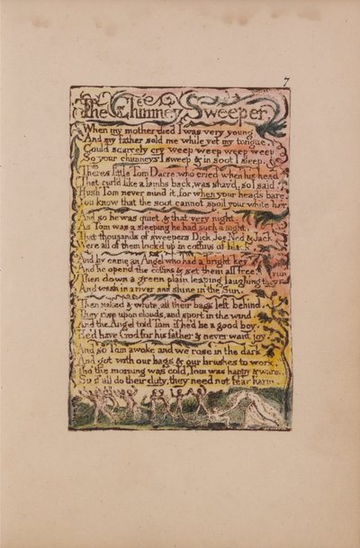 Liederen van Onschuld en Ervaring, Plaat 7, De Schoorsteenveger (Bentley 12) door William Blake