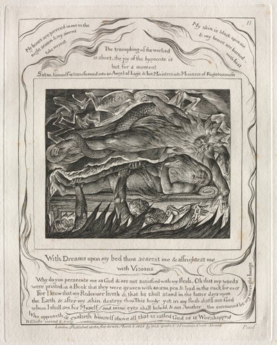 Het boek Job: Pl. 11, Met dromen op mijn bed schrik je me en maak je me bang... door William Blake