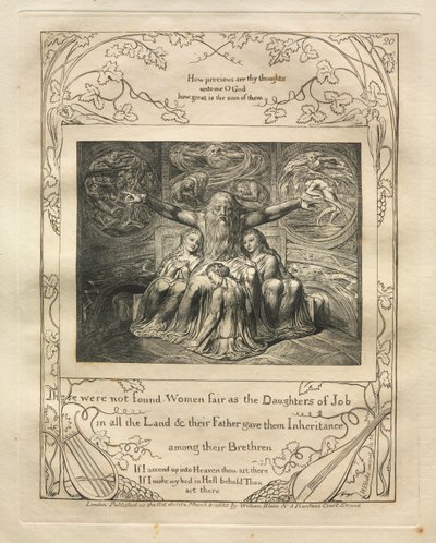 Het Boek Job: Pl. 20, Er werden geen vrouwen gevonden zo mooi als de dochters van Job in het hele land door William Blake