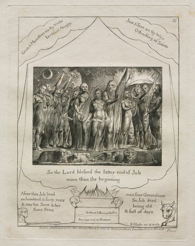 Het Boek van Job: Pl. 21, Zo zegende de Heer het latere leven van Job meer dan het eerdere door William Blake