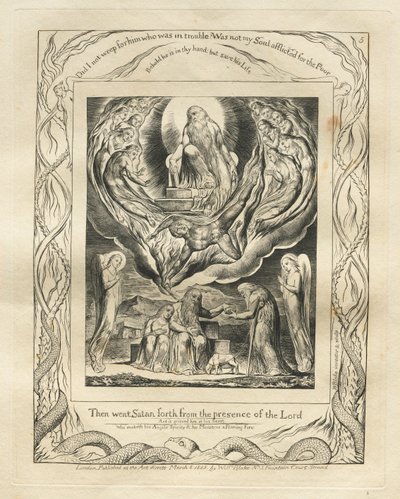 Het boek Job: Pl. 5, Toen ging Satan weg van de aanwezigheid van de Heer, 1825 door William Blake