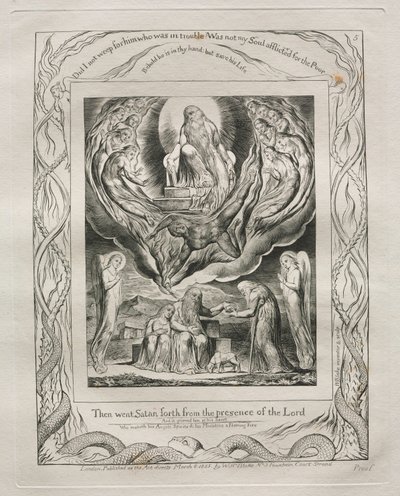 Het Boek van Job: Pl. 5, Toen ging Satan weg van de aanwezigheid van de Heer, 1825 door William Blake