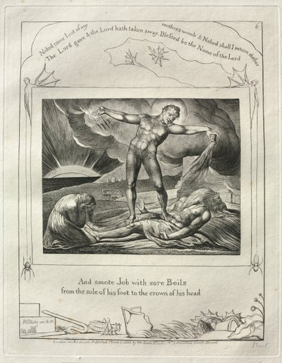 Het boek Job: Pl. 6, En sloeg Job met zere zweren van de zool van zijn voet..., 1825 door William Blake
