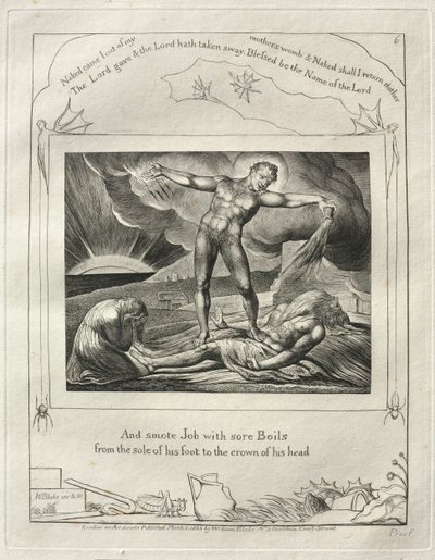 Het Boek Job: Pl. 6, En sloeg Job met pijnlijke Zweren / van de zool van zijn voet tot de kroon van zijn hoofd door William Blake