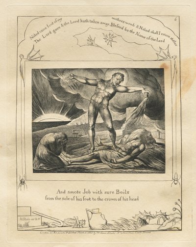 Het Boek van Job: Pl. 6, En sloeg Job met zere zweren van de voetzool tot de kruin van zijn hoofd door William Blake