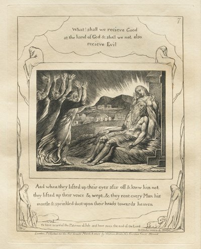 Het Boek van Job: Pl. 7, En toen zij hun ogen van verre ophieven en hem niet herkenden, verhieven zij hun stemmen en weenden door William Blake