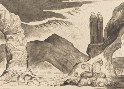 De Cirkel van de Vervalsers: Dante en Vergilius Bedekken hun Neus vanwege de stank, 1827 door William Blake