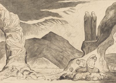 De cirkel van de vervalsers: Dante en Virgil bedekken hun neus vanwege de stank door William Blake