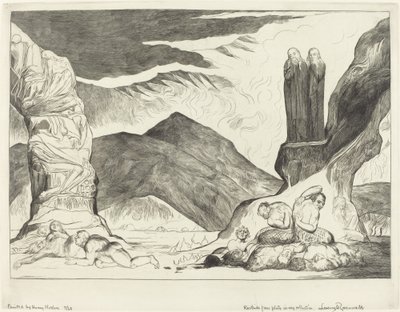 De cirkel van de vervalsers, Dante en Virgil bedekken hun neuzen vanwege de stank door William Blake