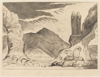 De Cirkel van de Vervalsers; Dante en Vergilius die hun Neus Bedekken vanwege de Stank door William Blake