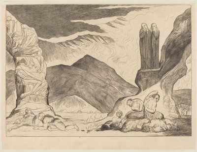 De cirkel van de vervalsers: Dante en Vergilius die hun neus bedekken vanwege de st door William Blake