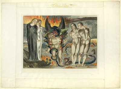 De cirkel van de dieven; Agnolo Brunelleschi aangevallen door een zesvoetige slang. Inferno, canto XXV door William Blake