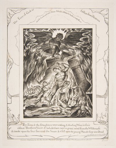 De vernietiging van Jobs zonen, uit Illustraties van het Boek Job, 1825-26 door William Blake