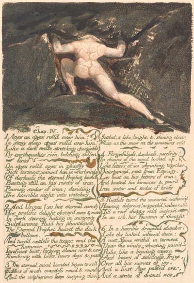 Het Eerste Boek van Urizen, Plaat 9, "Hoofdstuk: IV | 1 Eeuwen op eeuwen rolden over hem . . . ." (Bentley 10) door William Blake
