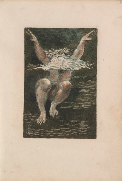Het Eerste Boek van Urizen, pl.7 (Een naakte man met een zwevende witte baard die lijkt te stijgen in diep water) door William Blake