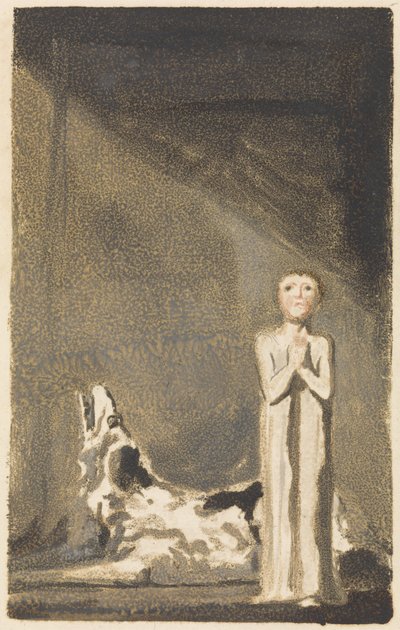 Het Eerste Boek van Urizen, plaat 24, Een jongen in een lange jurk, staand met gevouwen handen rechts van een hond door William Blake