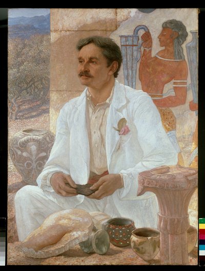 Sir Arthur Evans tussen de ruïnes van het paleis van Knossos door William Blake Richmond