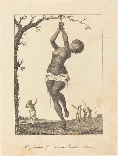 Geseling van een vrouwelijke Samboe-slaaf door William Blake after John Gabriel Stedman