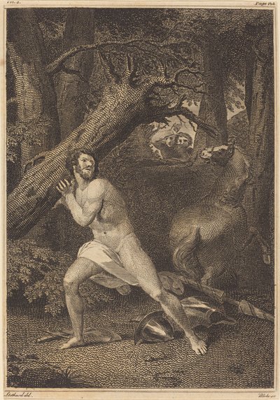 Orlando in een woedeaanval die bomen uit de grond rukt door William Blake after Thomas Stothard