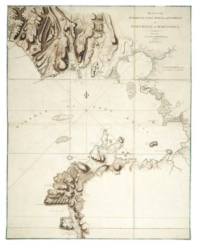 Plan van de haven, fort, stad en omgeving van Fort Royal in Martinique door William Booth