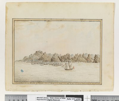 Santa Cruz aan de zuidoostkant van Tenerife; Sirius & Convoy in de wegen. Juni 1787. De Piek die in een kloof tussen twee andere bergen verschijnt door William Bradley
