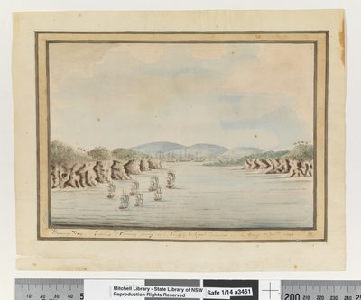 Botany Bay. Sirius & Konvooi gaan binnen: Supply & Agents Divisie in de Baai. 21 Janry 1788 door William Bradley