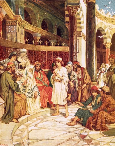 Christus spreekt met de dokters in de tempel in Jeruzalem door William Brassey Hole