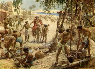 Israëlieten maken bakstenen in Egypte. Exodus I. II:14 - Bijbel door William Brassey Hole