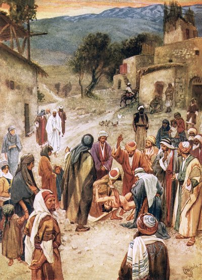 Jezus staat op het punt een jongen te genezen van wie zijn discipelen een duivel niet konden uitdrijven door William Brassey Hole