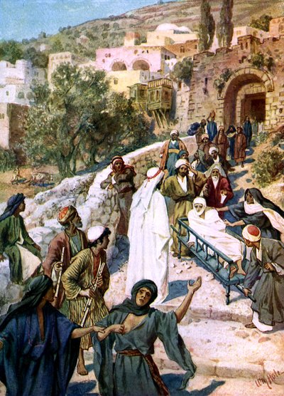 Jezus wekt de zoon van de weduwe van Naïn op door William Brassey Hole