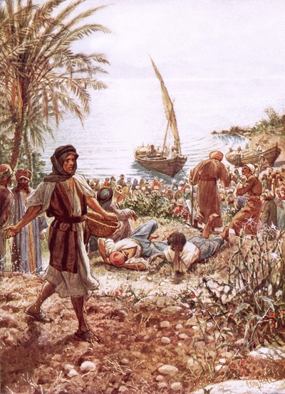 Jezus onderwijst vanuit het vissersboot van Petrus door William Brassey Hole