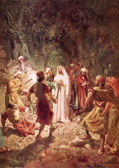 Judas verraadt Jezus met een kus, in de tuin van Gethsemane door William Brassey Hole