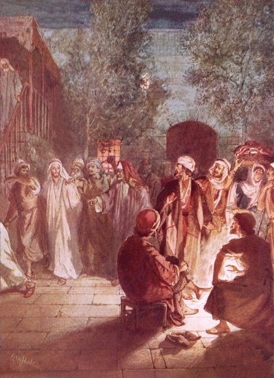 Petrus, die hem driemaal verloochende, heeft berouw als Jezus zich omdraait en hem aankijkt door William Brassey Hole