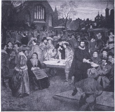 Ondertekening van het Nationale Verbond in Greyfriars Kerkhof 1638, uit Cassells Geschiedenis van het Britse Volk gepubliceerd door de Waverley Book Company Limited, ca. 1940 door William Brassey Hole