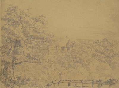 Recto: Landelijk landschap met klooster door William Brockedon