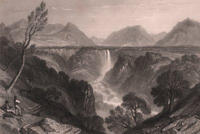 Uitzicht op de watervallen van Marmore nabij Terni, Umbrië, Italië, staalgravure door James Tibbitts Willmore naar tekening van William Brockedon, circa 23x18.5 cm door William Brockedon