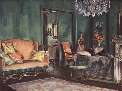Interieurdecoratie: Een zitkamer met groene muren door William Bruce Ellis Ranken