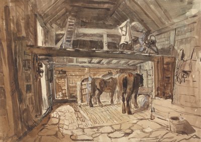 Interieur van een stal, met twee paarden die eten door William Burgess