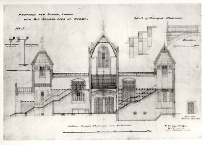 Details van ingangen, trappen, ovenkamerdeur en leuningen, (New Big School), Rugby School, 1844 door William Butterfield