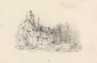 Boerderij met kerk in de verte door William Callow