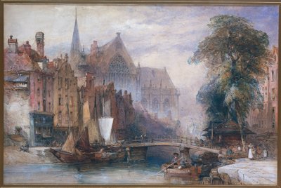 Gezicht op de Nieuwe Kerk en de Nieuwezijds Voorburgwal te Amsterdam, vanuit het Noorden door William Callow