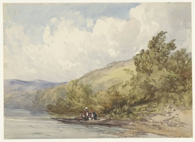 Heuvellandschap met een meer en een boot met twee figuren door William Callow