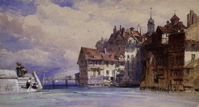 Oude huizen aan de Rhône in Genève, 1856 door William Callow